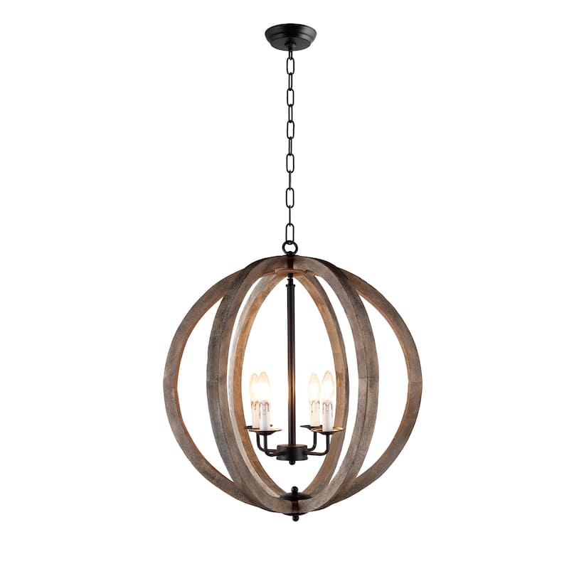 4 light Pendant Orb Chandelier in Rustic black and Vintage wood finish