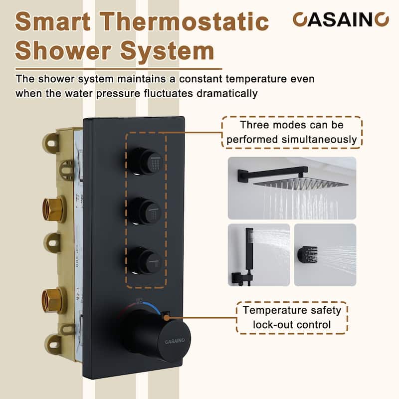 Luxury Thermostatic Shower System 1-Spray Patterns Wall Mount Fixed Shower Head and Handheld Spray with 6 Body Jets - 12" x 12"