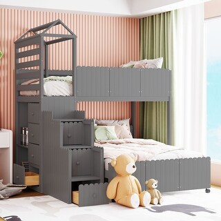 Stairway Wood Twin Over Full Bunk Bed with 2 Shelves and Seven Drawers ...