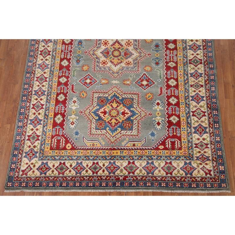 Hand Knotted Oriental 100% Wool Carpet Traditional Geometric Greys & Charcoal Kazak Area Rug - 9' 10'' X 6' 9''