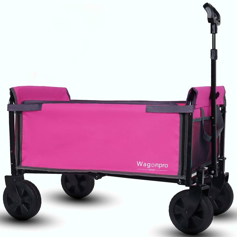 All-in-One Convertible Folding Utility Trolley with 4 Wheels, Bench Seat & Dog Leash - Pink