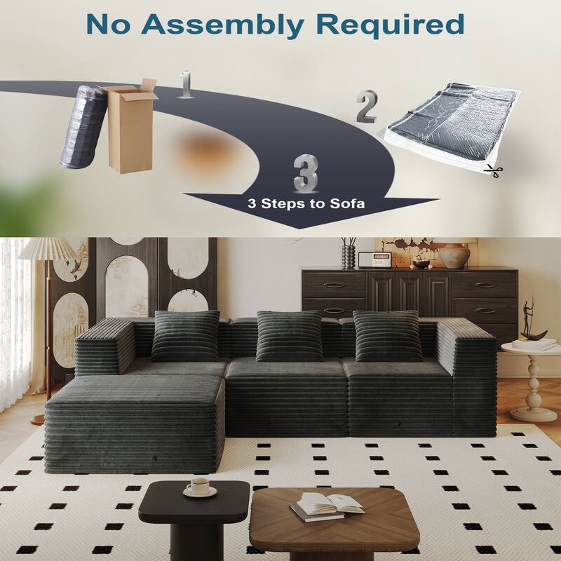 Corduroy Boneless Sectional Couch Floor Deep Seat Sofa with Pillows