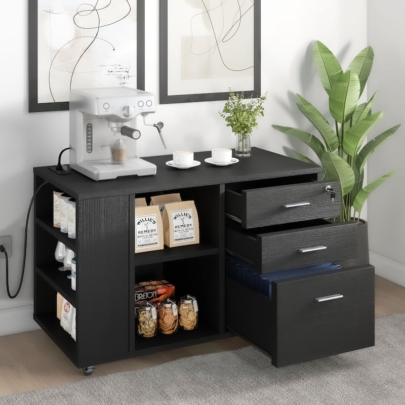 Wood File Cabinet with Charging Station Mobile Lateral Filing Cabinet Lockable Fits A4 Letter Legal Size Files