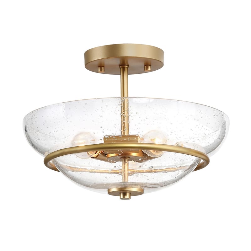 Mid-century Modern Gold 3-Light Farmhouse Bowl Semi-flush Mount with Seeded Glass