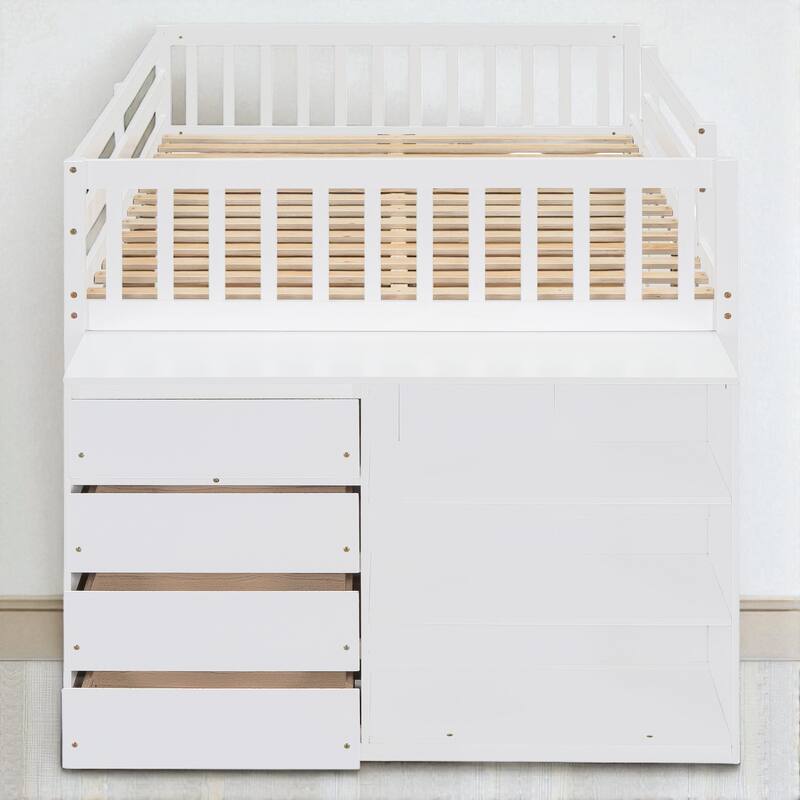 Twin over Twin or Full over Full Bunk Bed with Storage Drawers, Shelves, and Reversible Ladder