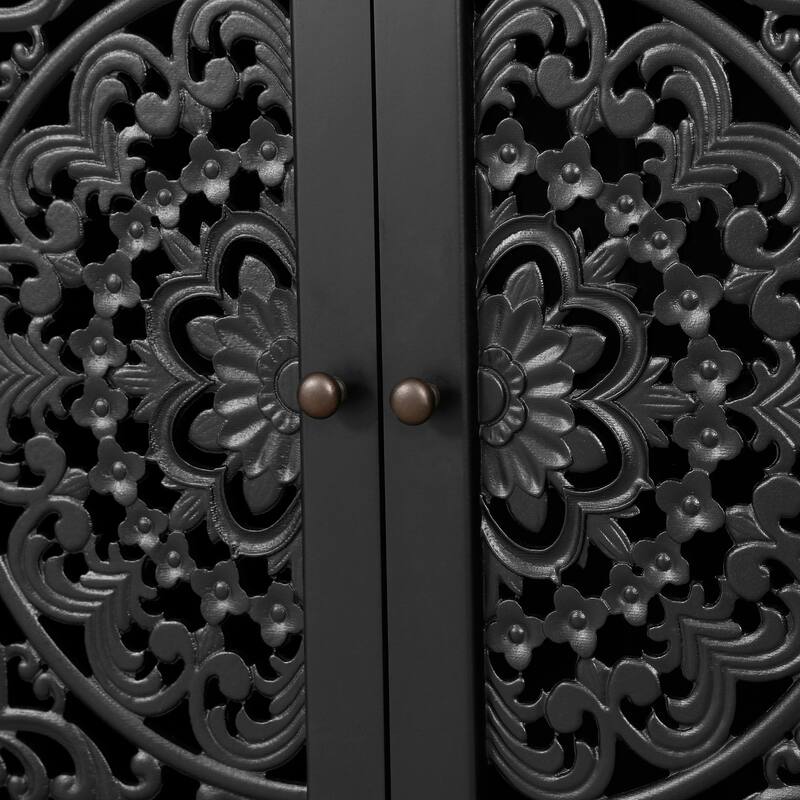 Roomfitters 60" Antique Buffet Cabinet, Floral Carved 4-Door Sideboard with Solid Wood Legs & Brass Handles