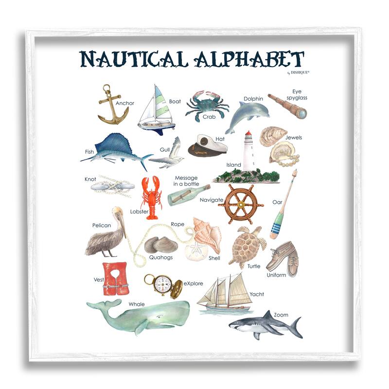 Stupell Educational Nautical Alphabet Learning Chart Marine Wildlife Framed Wall Art, Design by Dishique - Multi - 17 x 17 - White