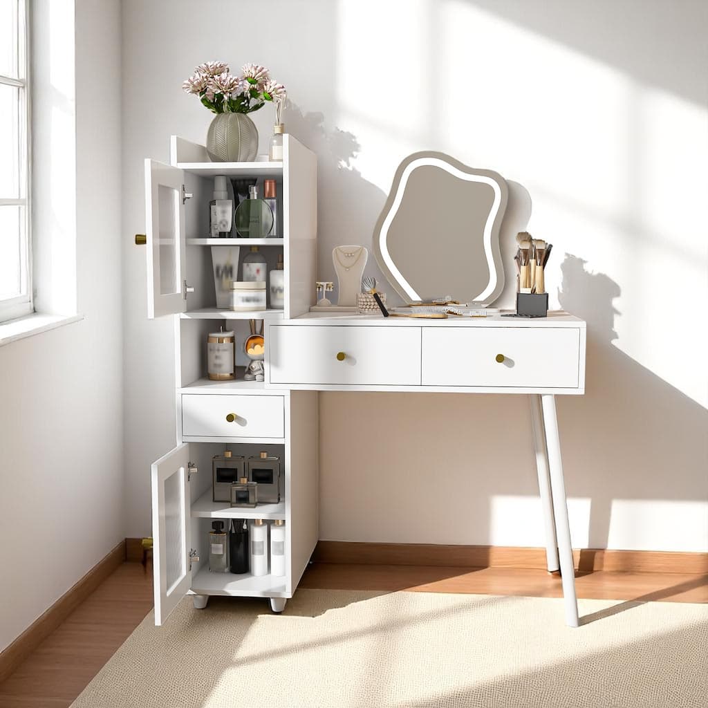 Modern Vanity Table with Storage and Lighted Mirror - 3 Color LED Modes, Drawers & Hidden Cabinets