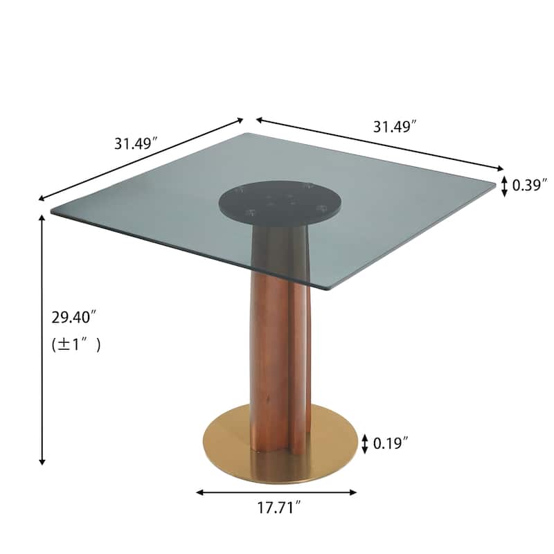 Modern Square Dining Table, 33.5" Tempered Glass Table with Wooden Leg & Gold Base, 2 - Person Kitchen Table for Small Space