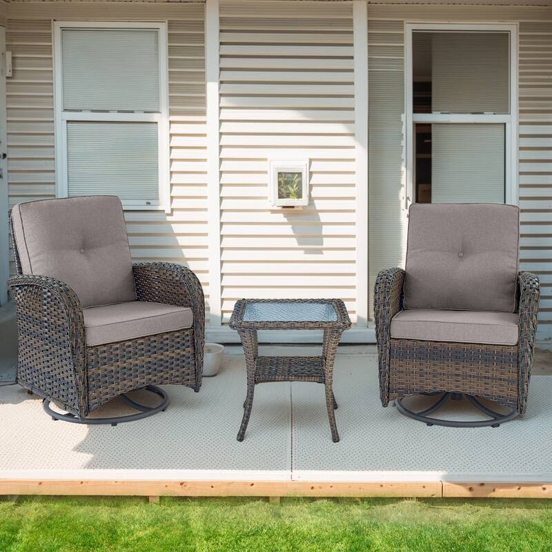 Outdoor Swivel Gliders Chair with Tempered Glass Side Table - Brown - Grey