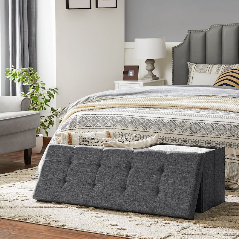 43.3 Inches Slate Grey Folding Storage Ottoman Bench with Flip-up Lid and Padded Seat -