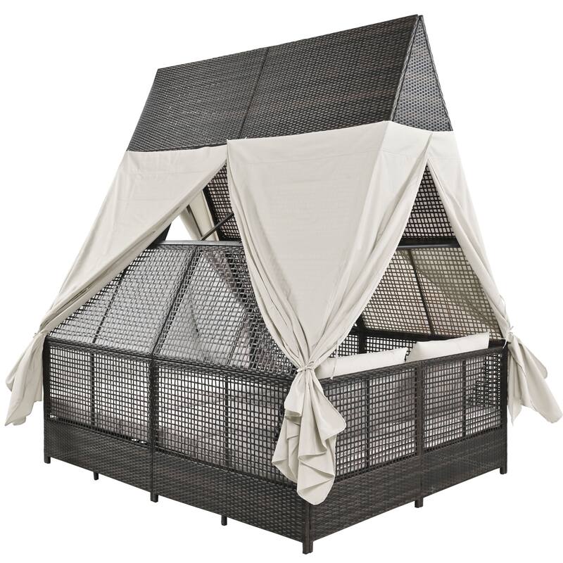 Outdoor Patio Rattan Daybed Sunbed with Triangle Tent, Adjustable Backrest, and Curtains