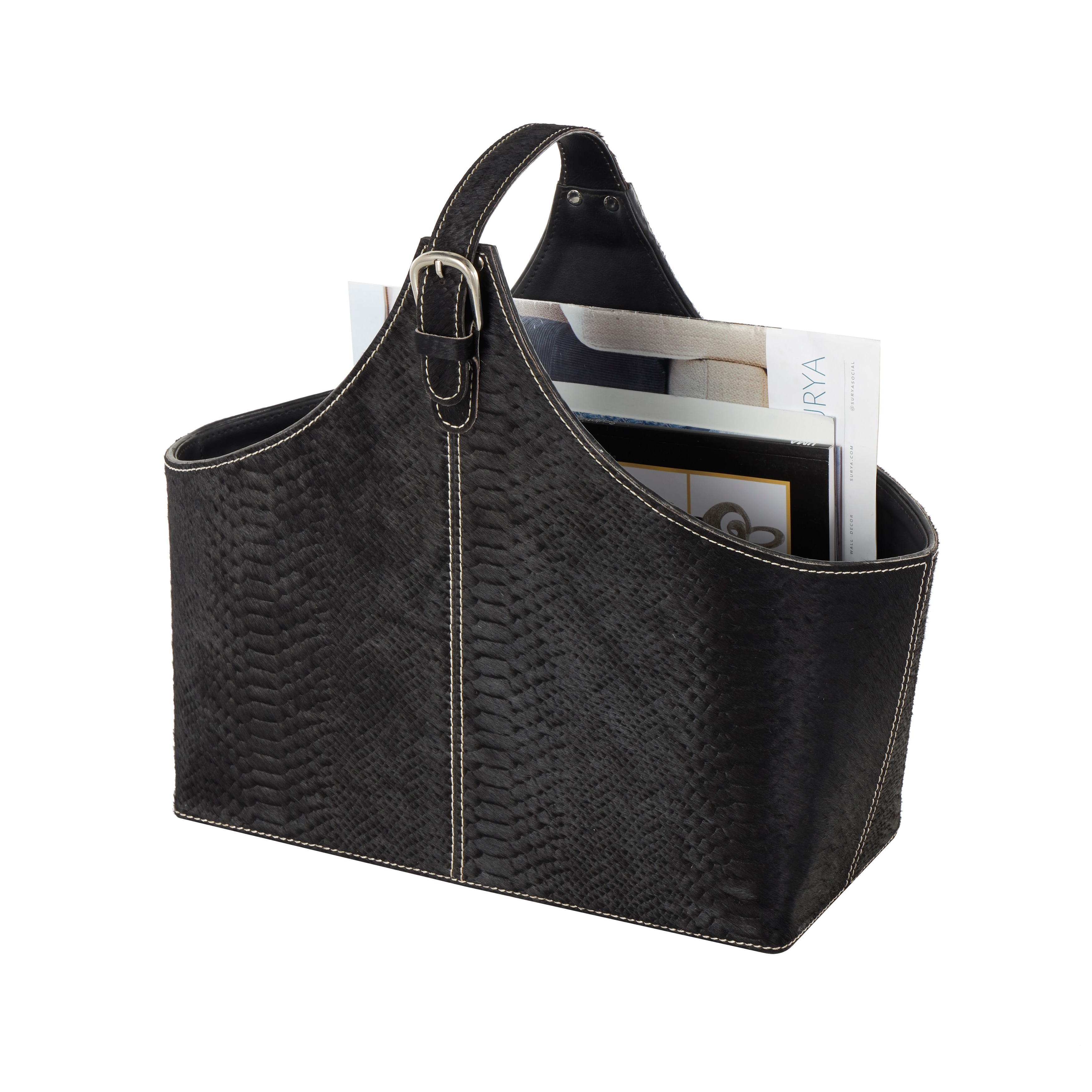 Leather Handmade Box Style Magazine Holder with Stitching and Handles - Brown, Dark Brown, Gray or Black - Roche River Decor