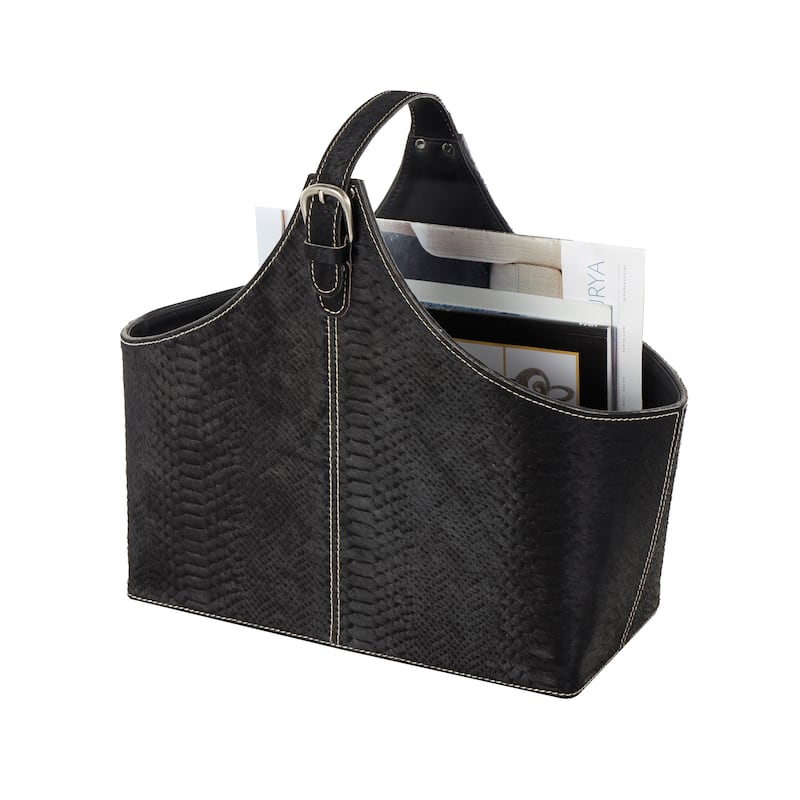 Leather Handmade Box Style Single Slot Magazine Holder with Buckle Handle - Brown, Dark Brown, Gray or Black - Roche River Decor - Black