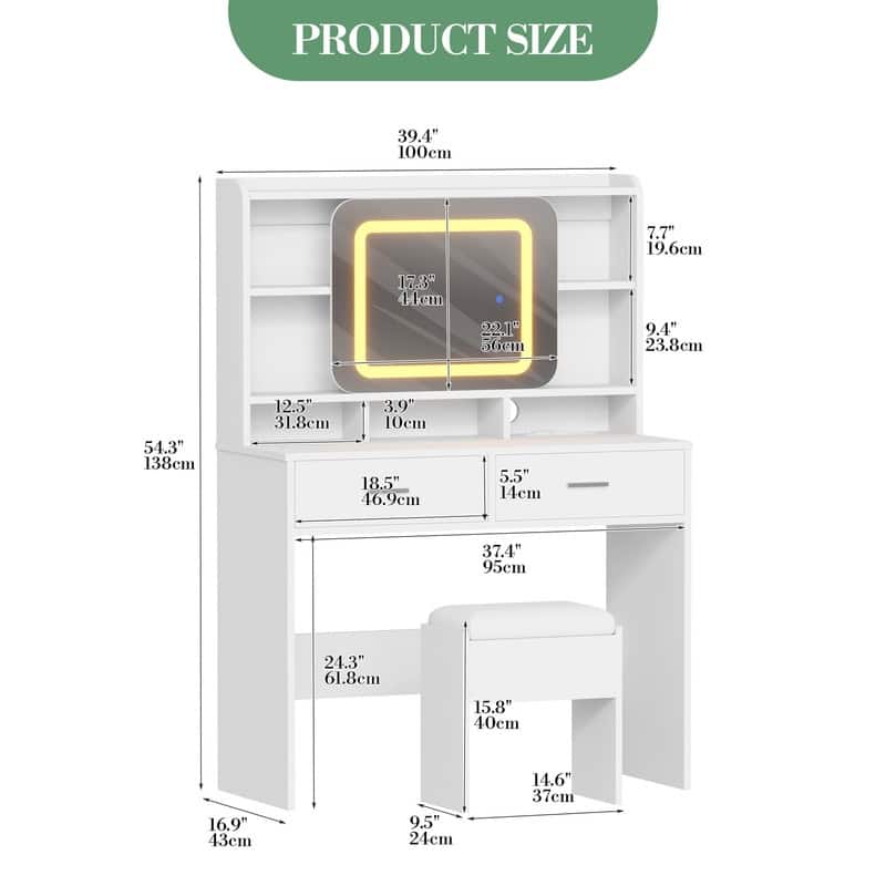 Vanity Desk with LED Mirror and Stool, Drawers, Storage Shelves, Charging Station