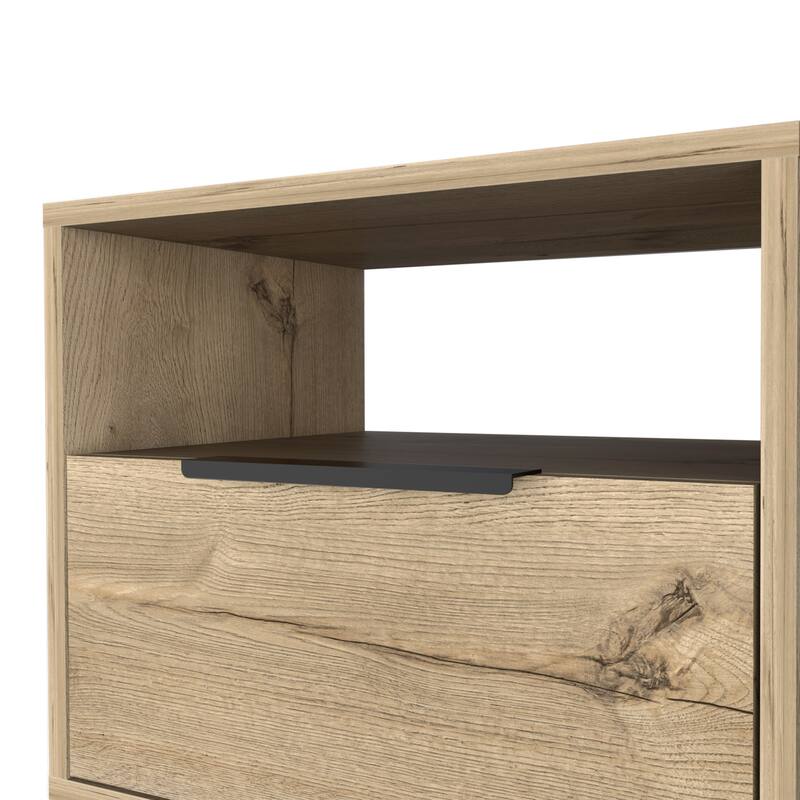Light Oak Nightstand with Open Shelf, Single Door, and Hairpin Legs