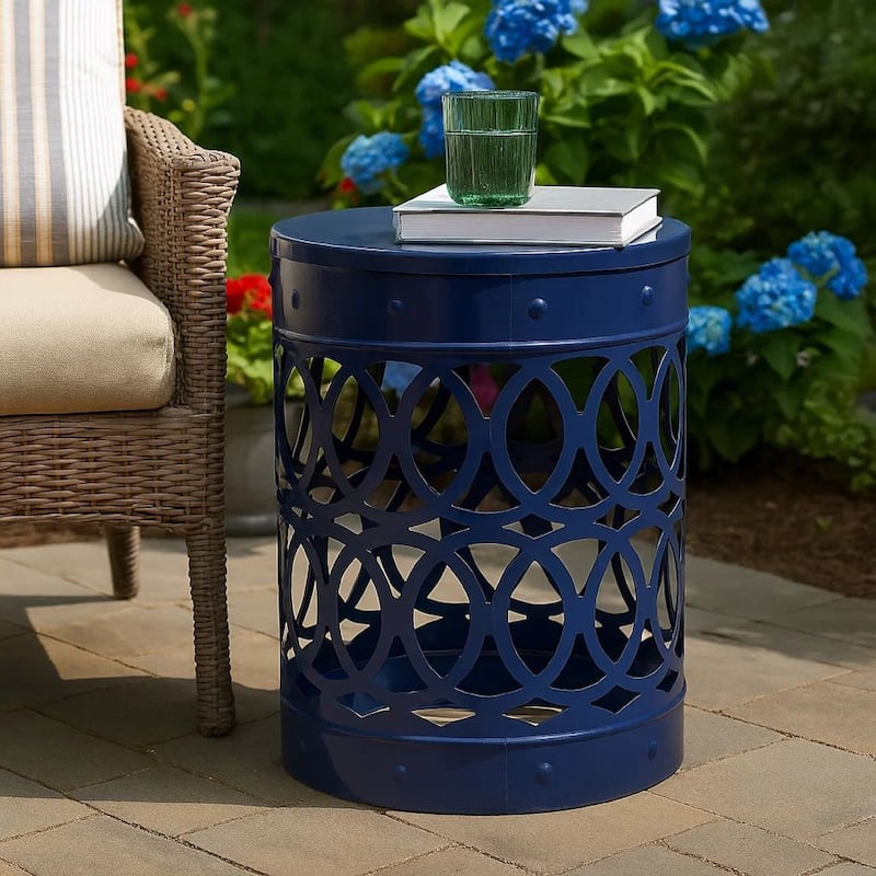 Kemo Outdoor End Table, Round 14 Inch, Cutout Design, Navy Blue Iron