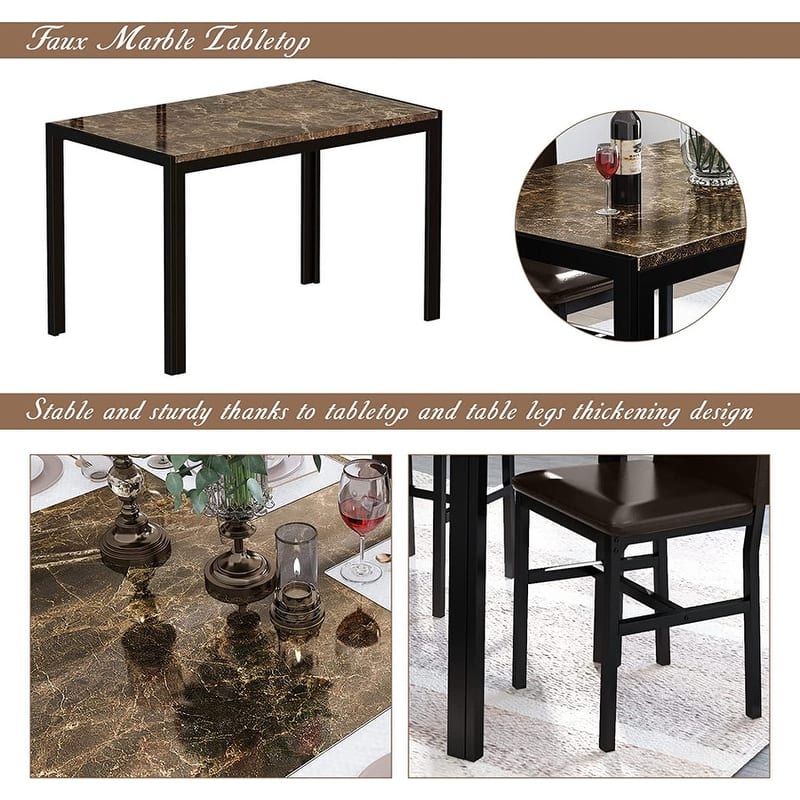Modern Faux Marble 5 Pieces Kitchen Dining Set with 4 Cushion PU Leather Chairs