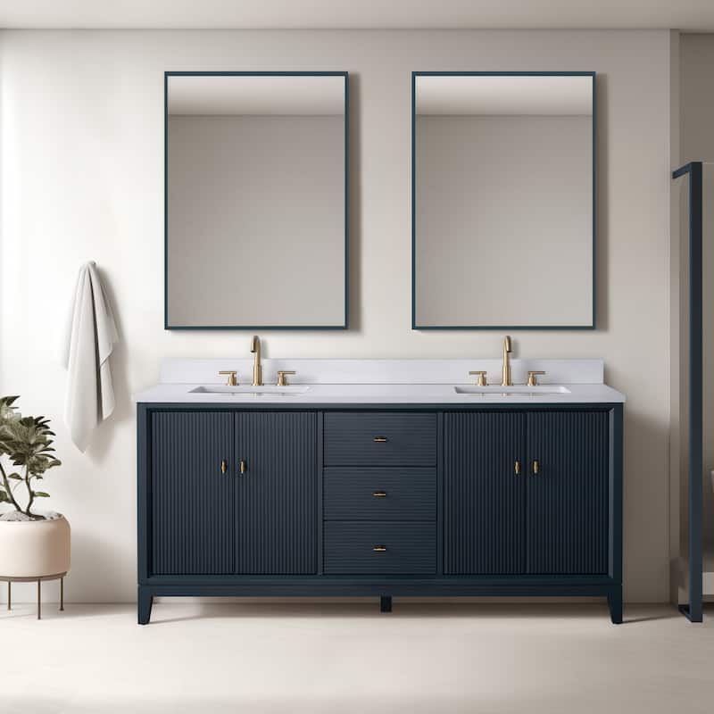 Vanity Art 72" Freestanding Bathroom Vanity with Engineered Marble Top and Sinks - 72"/Golden Brushed - Vintage Spruce Blue