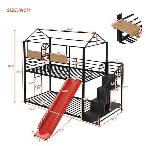 dimension image slide 0 of 2, Twin Over Twin Metal Bunk Bed, Creativity Kids Bed Metal Platform Bed Frame Housebed with Slide and Storage Stair for Boys Girls