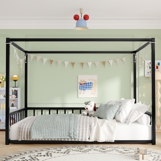 Full Size Iron Square-shape Canopy Bed Frame Open Montessori Floor Bed with 3-Sided Guardrails for Kids - Without Slats