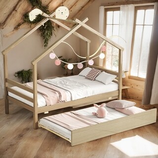 Twin Size House-shaped Platform Bed with Pull-out Trundle,Quality and Safety Guaranteed