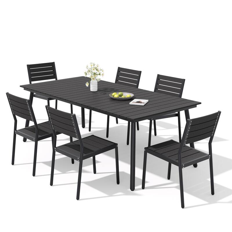 7-Piece Outdoor Patio Dining Set Wood-Like Table Top Alumium Umbrella Hole Table with Stackable Armless Dining Chairs