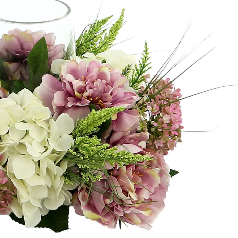 Peony and Hydrangea Glass Candle Holder Centerpiece