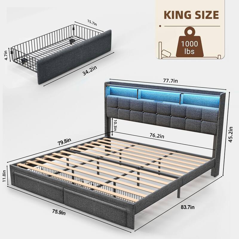 King Size Upholstered Platform Bed with LED Lights, Charging Station & Storage Headboard, No Box Spring Needed