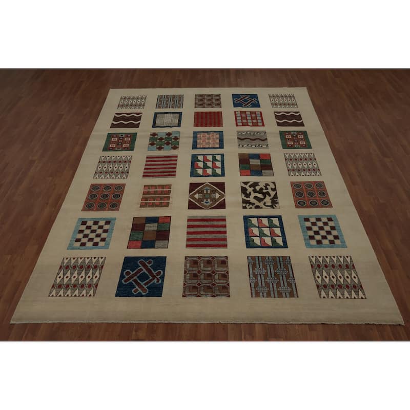 Hand Knotted Oriental 100% Wool Carpet Traditional Geometric Beige & Ivories Peshawar Area Rug - 11' 8'' X 8' 3''