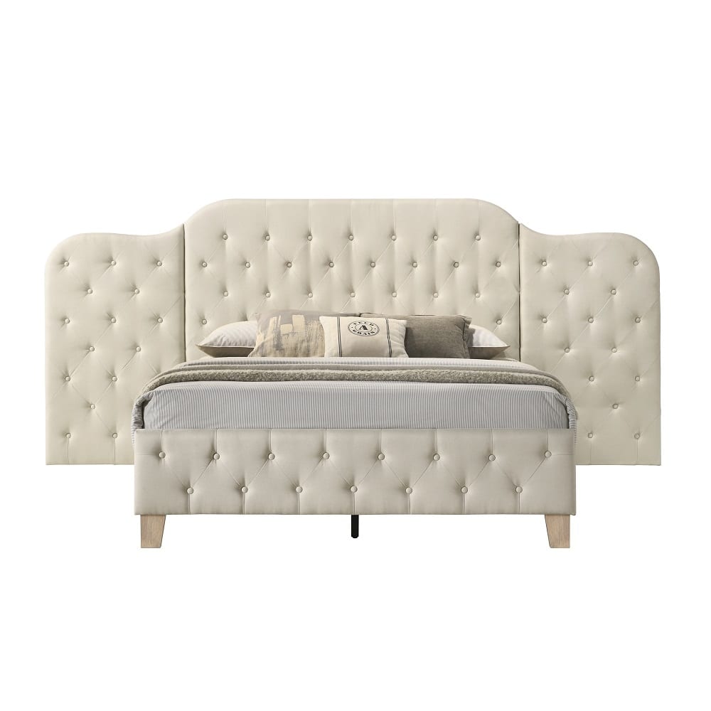 Queen Size Beige Upholstered Bed with Oversized Tufted Headboard and Wooden Legs