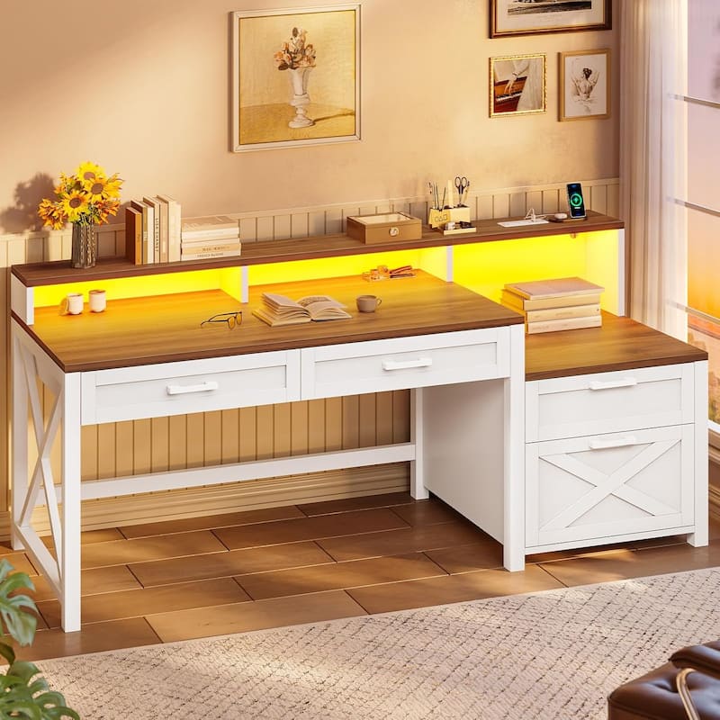 L Shaped Desk 55" Home Office Desk Drawers Storage Shelves