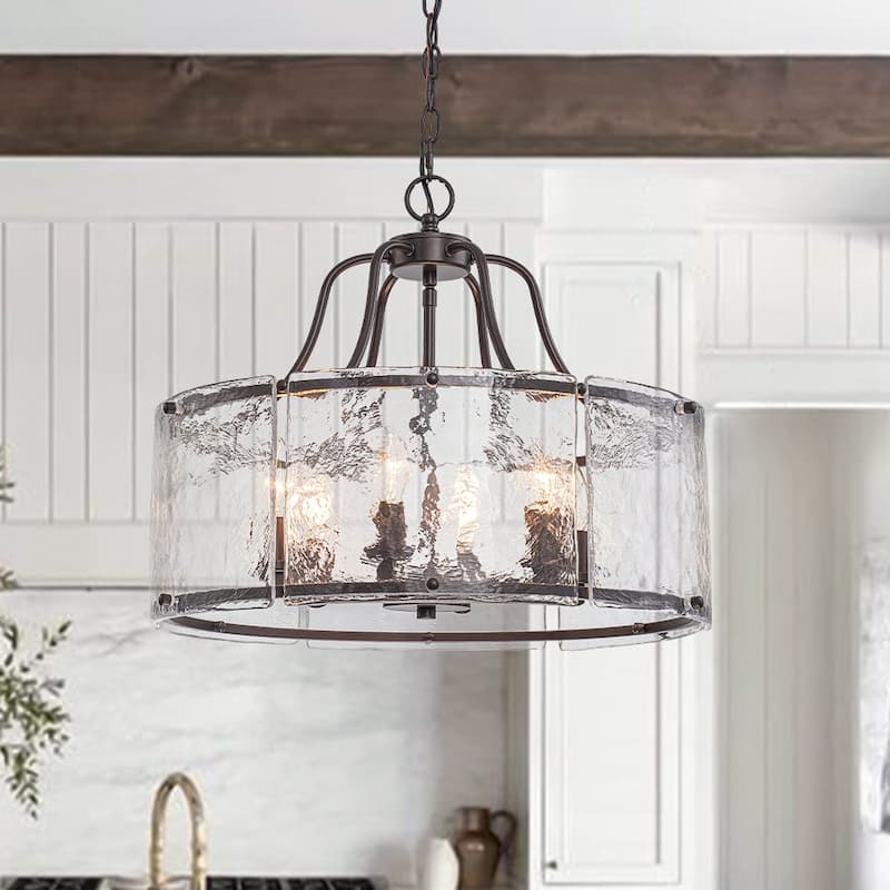 Modern 6-Light Clear Rippled Glass Lantern Pendant For Kitchen Island - Oil-rubbed Bronze