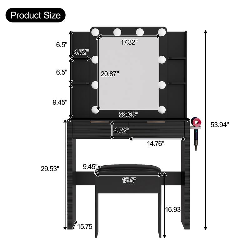 Makeup Vanity Desk with Storage Stool, Fluted Dressing Table with Charging Station & 10 Hollywood Bulbs, Black
