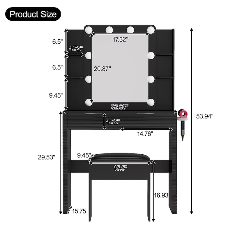 Roomfitters Makeup Vanity Table with Hollywood Lighted Mirror, Fluted Ribbed Drawers, Hair Dryer Holder and Stool, Black