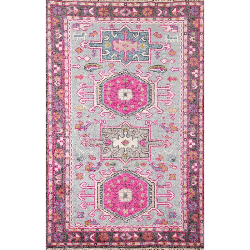 Geometric Kazak Accent Rug Handmade Wool Carpet - 2'11"x 4'11"
