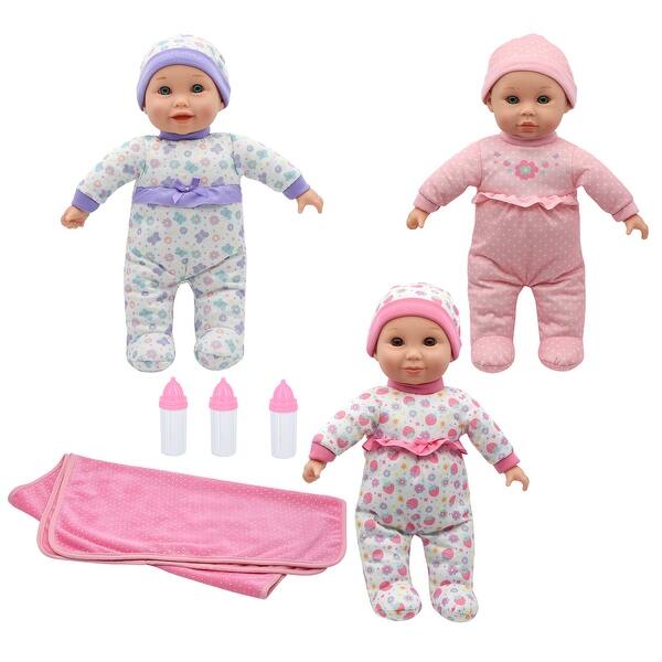 slide 2 of 5, Cuddle Kids: 14" Lovable Talking Triplets Dolls with Large Blanket & 3 Bottles, Ages 2+