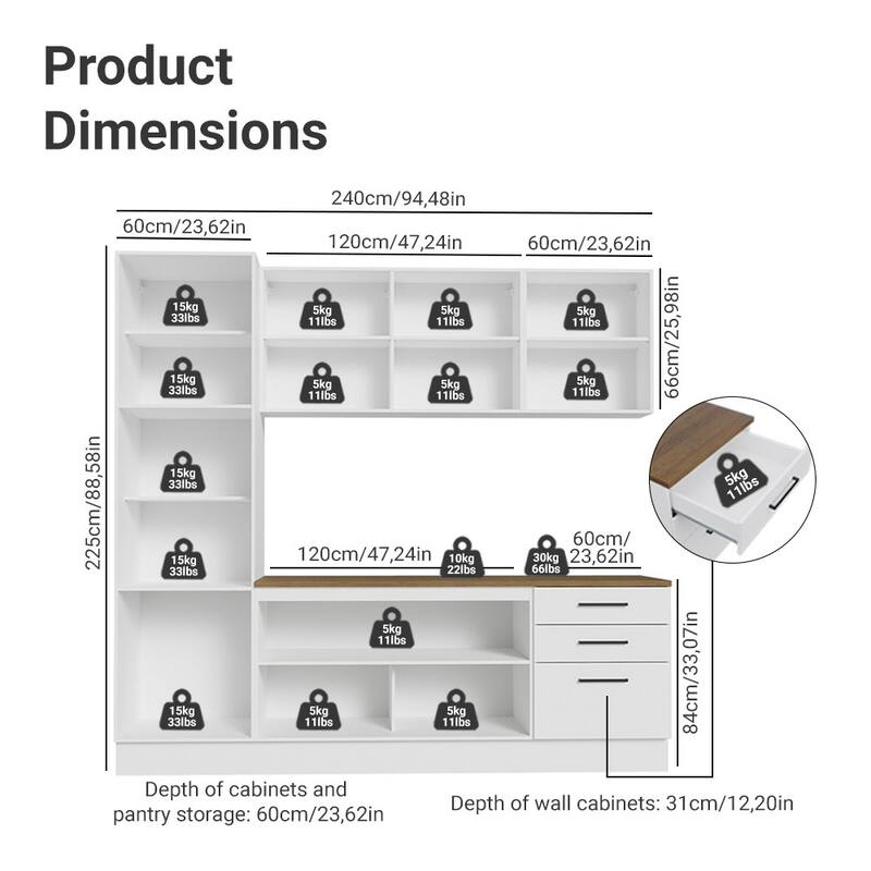 Madesa Hazel Kitchen Set 94"L Multiple Compartments - White