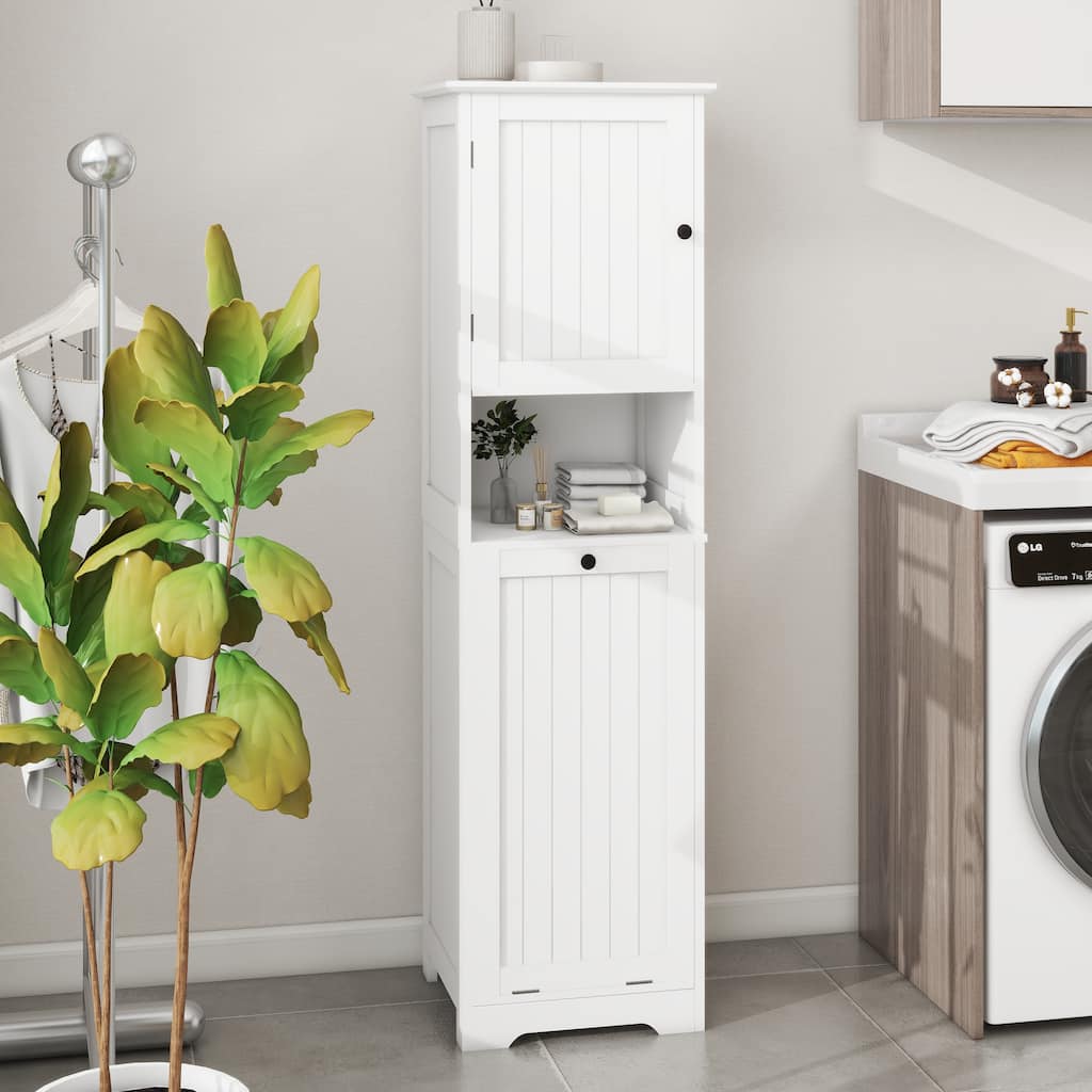 Anmytek White Tilt-Out Laundry Sorter Cabinet with Single Door and Open Shelf Storage