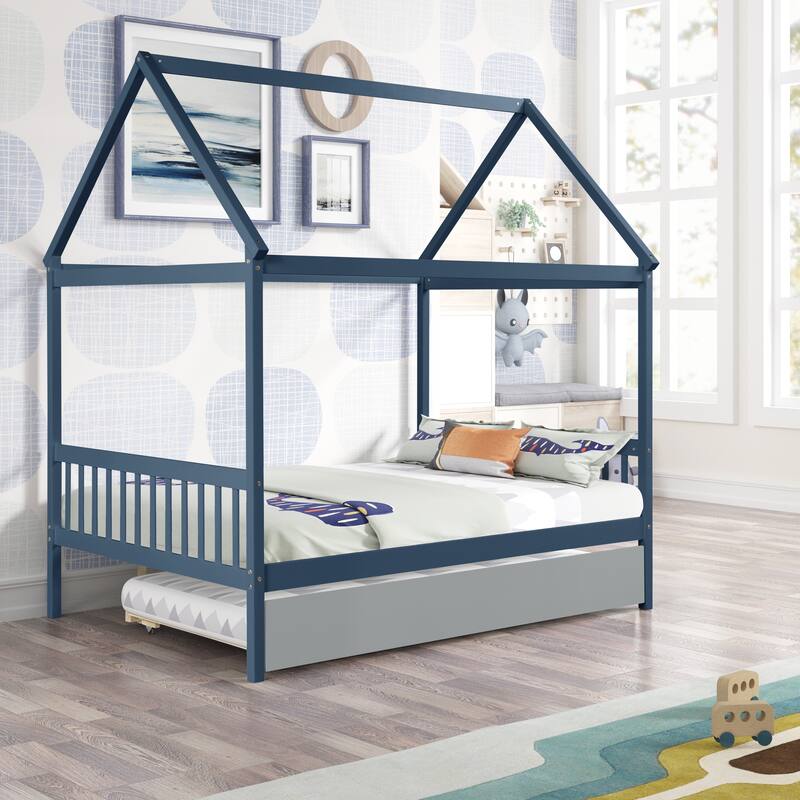 House-Shaped Full Bed with Trundle in Navy Blue and Grey, Solid Pine Wood Frame