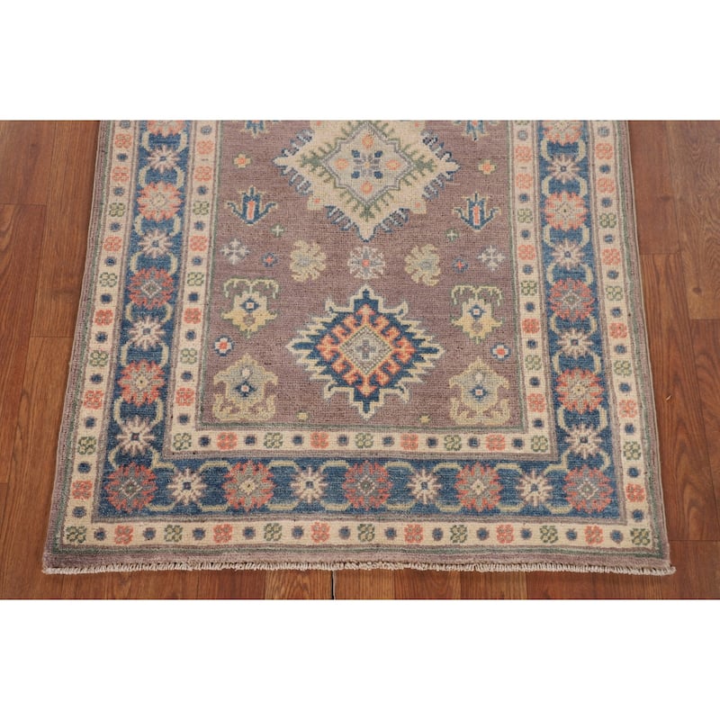 Kazak Foyer Rug Hand-Knotted Geometric Brown Wool Carpet - 2'7" x 3'11"