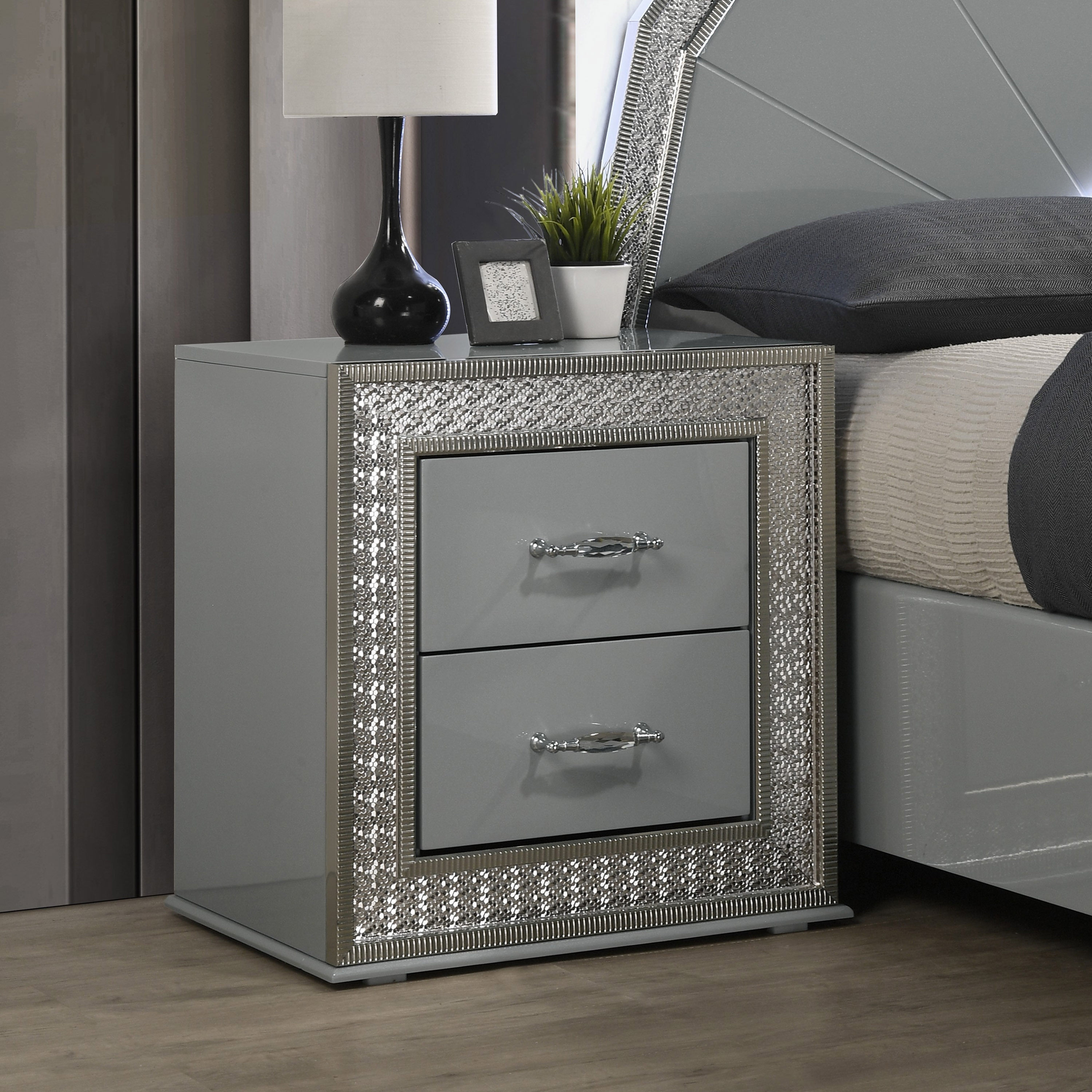 Furniture of America Rosdale Glam Metallic Grey Wood 2-Drawer Nightstand