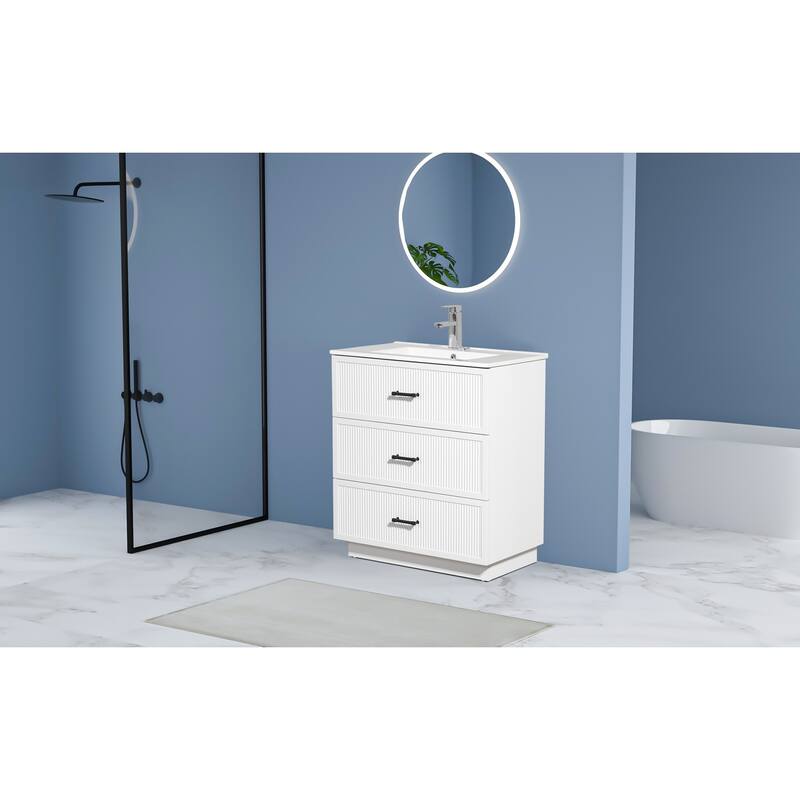 30" Freestanding Bathroom Vanity with Ceramic Sink and 2 Storage Drawers, Stylish Gray Floor Cabinet