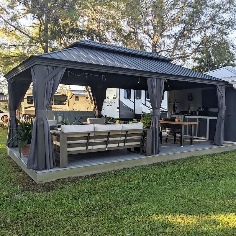 PURPLE LEAF Outdoor Galvanized Steel Hardtop Gazebo, Aluminum Frame Gazebo With Curtains