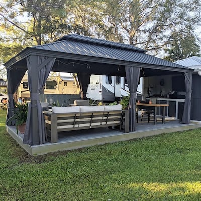 PURPLE LEAF Outdoor Galvanized Steel Hardtop Gazebo, Aluminum Frame Gazebo With Curtains