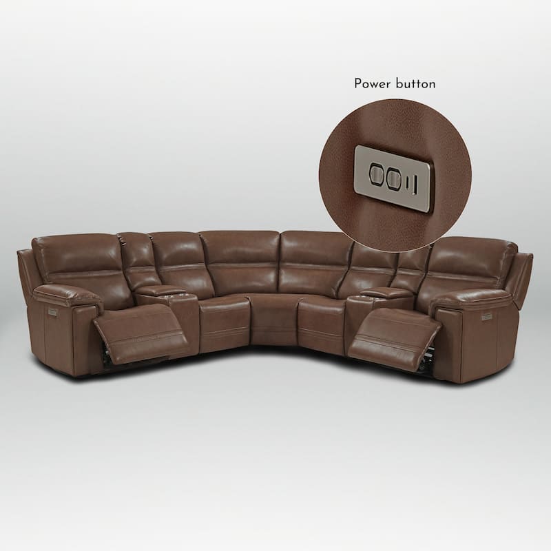 7PCS, 2 power Recliners, Dual-Power Genuine Leather Reclining Sectional with Console, Zero Gravity