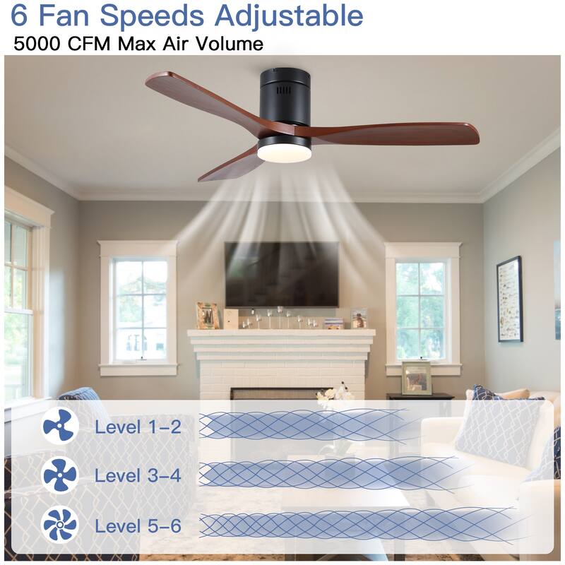 52In. Farmhouse Indoor Flush Mount Low Profile Ceiling Fan with Solid Wood Blades and Remote Control