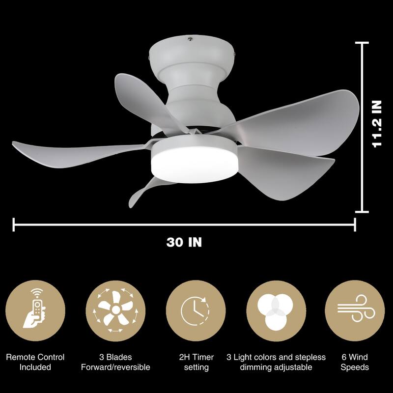 30 in. Modern Indoor Ceiling Fan with Dimmable Light and Remote Control