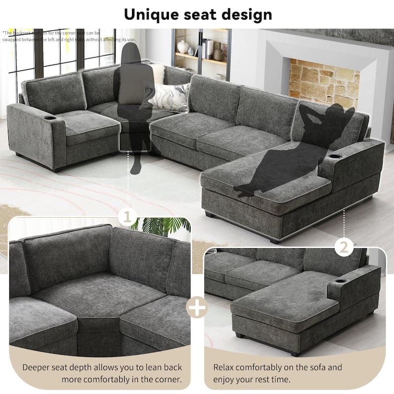 119" U-Shaped Sectional Sofa with Cup Holders, 6 Seat Chenille Corner Couch, Oversized Chaise Lounge