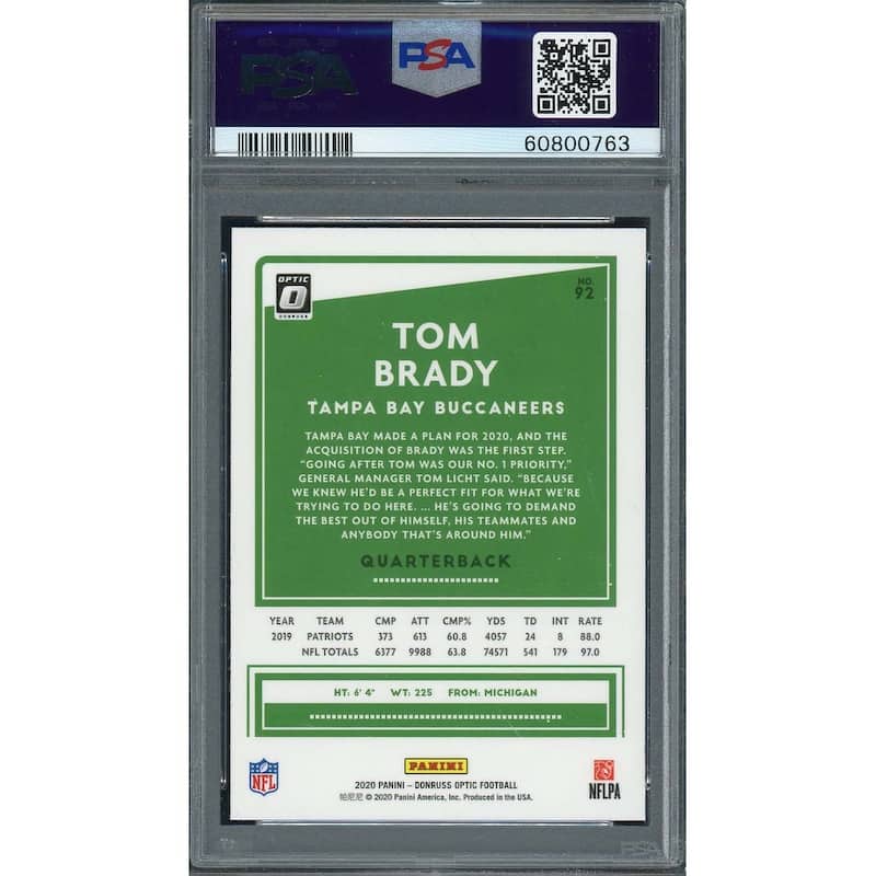 Tom Brady 2020 Panini Donruss Optic Football Card #92 Graded PSA 10 - 8'6" x 11'6"